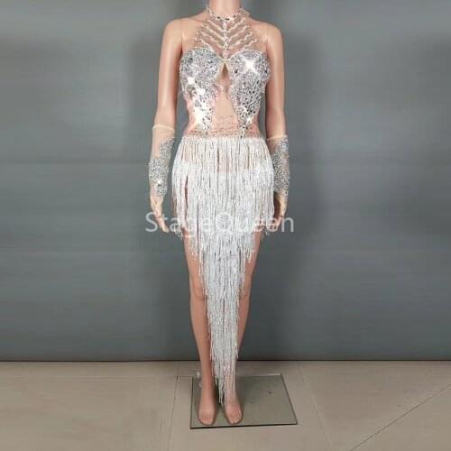Women Sparkly Silver Crystals Fringes Dance Costume Rhinestones Gloves Tassel Bodysuit Party Stage Wear Dance Costume Bodysuit