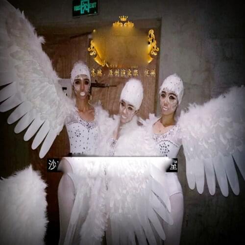 GOGO Womens White Party dancer Feather Wing Costume Nightclub DS Dance Team Costume