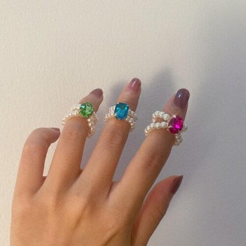 1PC Fashion Handmade Braided Imitation Pearl Colorful Rhinestones Rings for Women Heart Crystal Party Jewelry Gifts