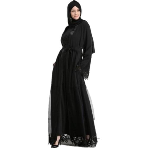 2020 Adult Casual lace mesh Robe Musulmane Turkish Dubai Fashion Abaya Muslim Dress Robes Arab Worship Service Wj1884