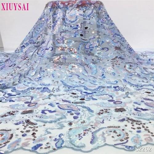 2021 African Lace Fabric High Quality Nigerian Wedding Asoebi Sew Lace Material Sequined Fabric