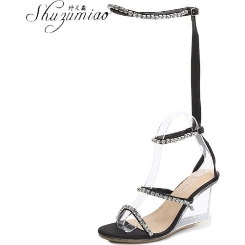 2021 New Hot Women Shoes Wedges 8CM Heel Height Ladies Sandals Rhinestone Design Cold Boots Buckle Openwork Mid-calf Boots