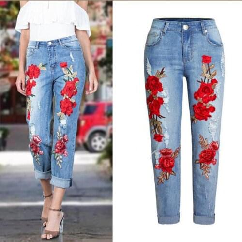 2021 Plus Size Fashionable Womens Elastic Loose Straight Jeans Womens Trousers Color Flower 3d Embroidery Perforated Jeans