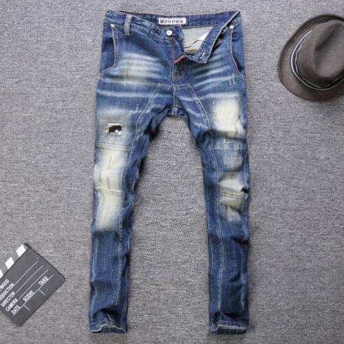American Street Style Fashion Men Jeans Retro Blue Elastic Slim Ripped Jeans Men Spliced Designer Hip Hop Denim Punk Biker Pants
