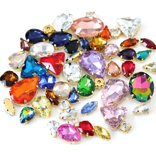 Hot!! 50pcs Mixed Shapes Red Sew On Rhinestones With Gold Claw Flatback Glass Strass Clear Sew On Claw Stones For Garment B1032