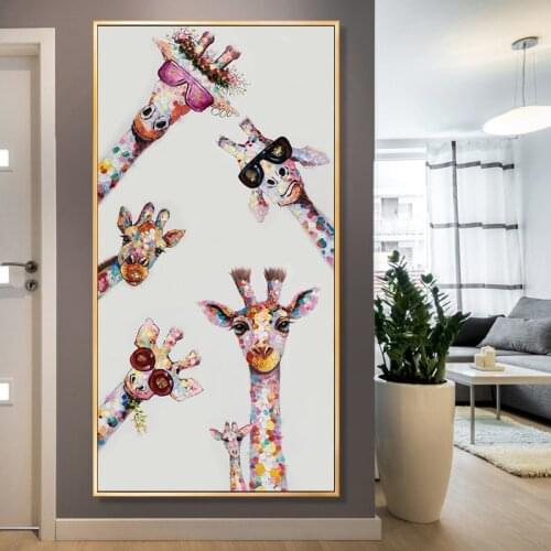 Graffiti Canvas Paintings Colorful Animal Giraffe A family With Glasses Pictures Printings Wall Art For Baby Room Home Decoraion