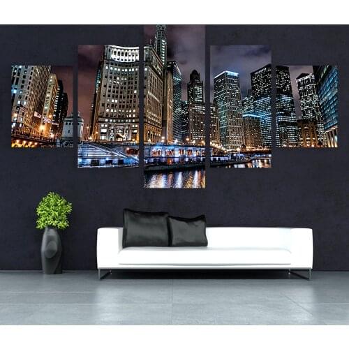 Embelish Canvas Wall Art Pictures Modern Frame Living Room 5 Pieces Prosperity Chicago City Night Scenery Decor HD Print Posters