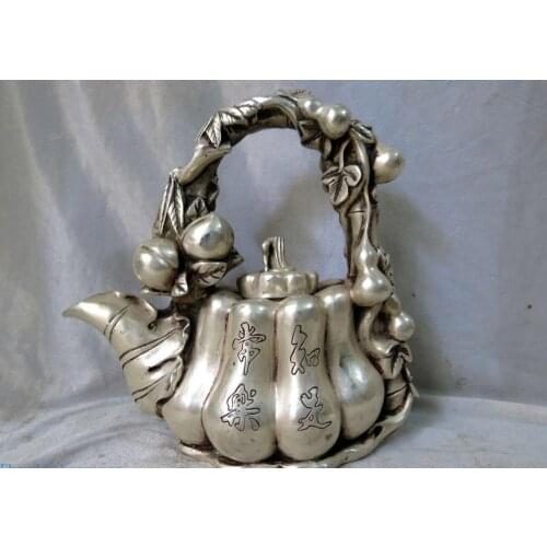 Fine Silver sculpture China carved calabash content is happiness Teapot Statue