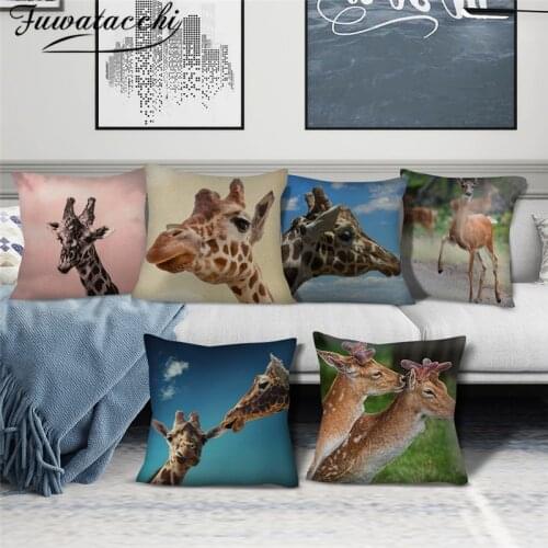 Fuwatacchi Linen Deer Photo Cushion Cover Giraffe Animal Printed Pillow Cover for Home Chair Sofa Decorative Pillowcases 45x45cm