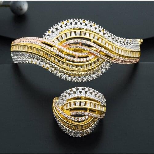 ModemAngel Luxury Fashion Geometry Super Full Micro Paved Cubic Zircon Bangle Ring Set Women Dress Engagement Party Jewelry Gift