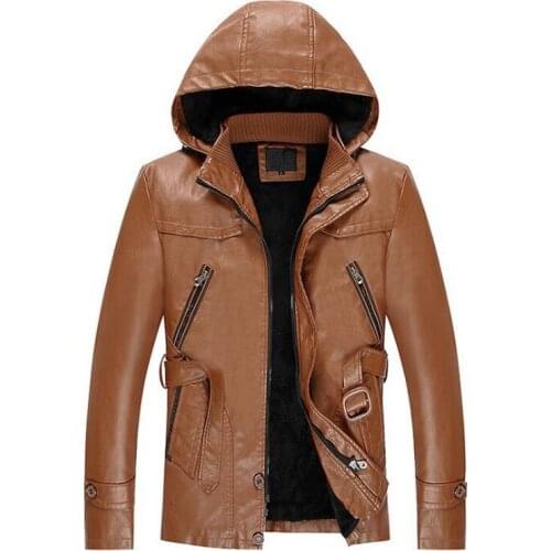 Men Leather Jacket Plus velvet warm PU leather Hooded Coat Mens plus velvet warm PU leather leather jacket with hood