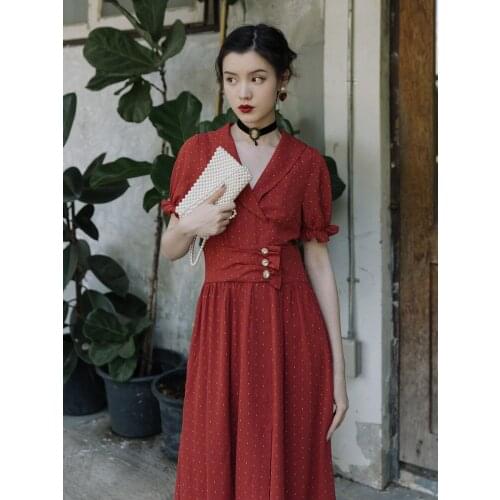 2020 new fashion womens clothing Vintage dress women V-Neck Puff Sleeve Dot