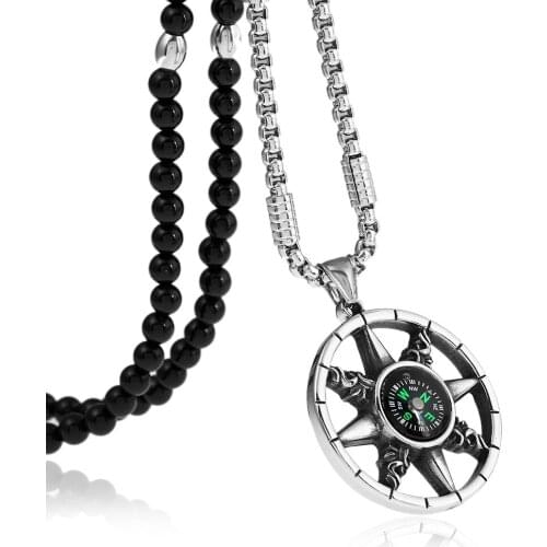 316L Stainless Steel Compass Necklace Field Adventure Survival Tool Pendants Necklaces with Black Natural Stone Chain 26"