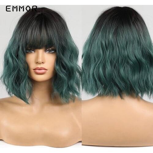 Emmor Cosplay Wave Wigs Ombre Balck to Green Bobo Hair Wig with Bangs for Women Soft Natural Heat Resistant Fiber Lolita Wigs