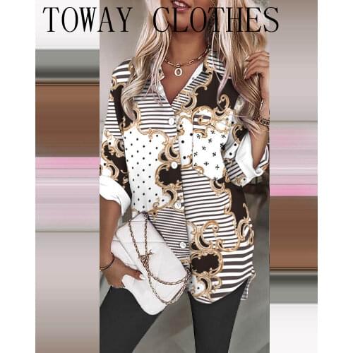 Paisley Print Chain Link V-Back Buttoned Casual Shirt Three Quarter Sleeve Pink Long Top ummer Autumn Women Sexy Workwear