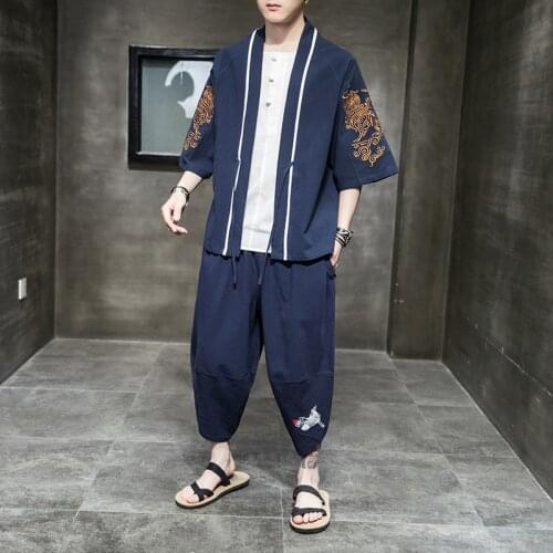 Japanese Traditional Clothing Cotton Kimono Pants Men Retro Yukata Asian Fashion Tang Suit Harajuku Hanfu Yukata Jacket