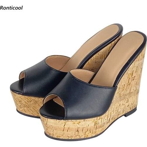 Ronticool New Fashion Women Handmade Mules Sandals Sexy Wedges High Heels Open Toe Black Leisure Beach Shoes US Size 5-20