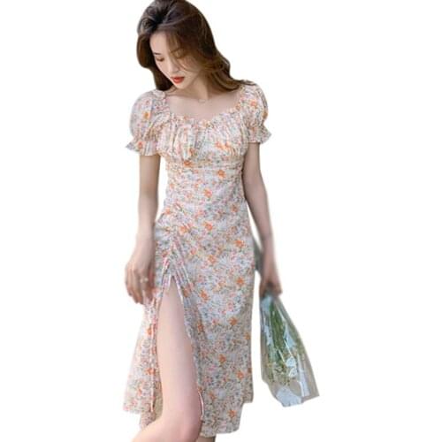 Summer Women Autumn Retro Dress Casual Lady Temperament Slim Square Neck Short Sleeve Ruffle Floral Print Split Dress