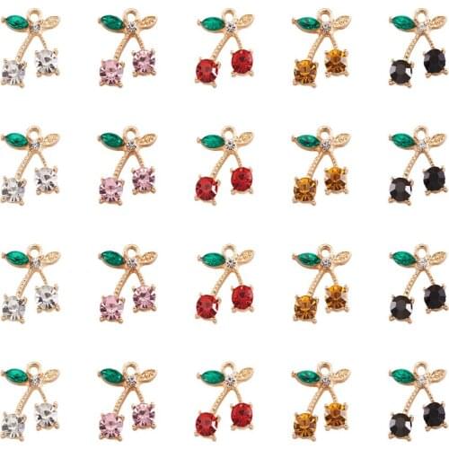 1 Box Rhinestone Cherry Pendants Gold Plated Crystal Fruit Dangle Charms 20x15mm for Necklace Bracelet Jewelry Craft Making