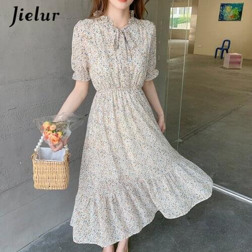 Jielur Fairy Chiffon Dresses for Women Summer Puff Sleeve Bow Collar Falbala Midi Dress Female Casual High Street Floral Vestido