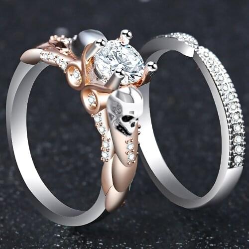 ERLUER Classic Double-deck Gothic Skull Style Engagement Colour Crystal Zircon Rings For Women Trendy Jewelry Gift Ring