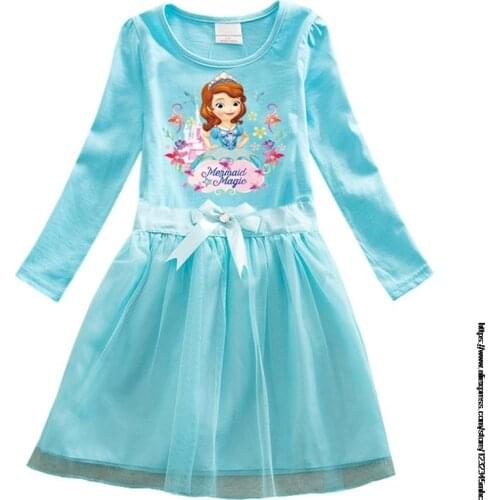 Disney Fashion Girls Dress Kids Baby Clothes Sofia Pattern Princess Dress Long Sleeve Pleated Cotton Casual Party Girls Dresses