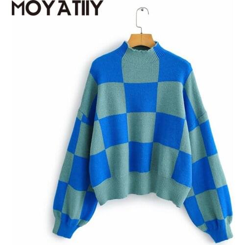 MOYATIIY Fashion Thick Warm Winter Sweaters Highstreet Turtleneck Pullovers Plaid Patchwork Oversize Lantern Sleeve Female Tops