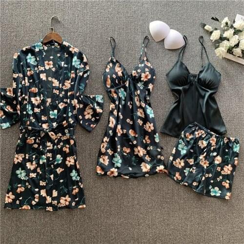 Pajamas Summer Satin Silkwomen new 4 Pieces Pajamas Set Sexy Robe Long Sleeve Sleepwear Female Home Clothea With Chest Pads