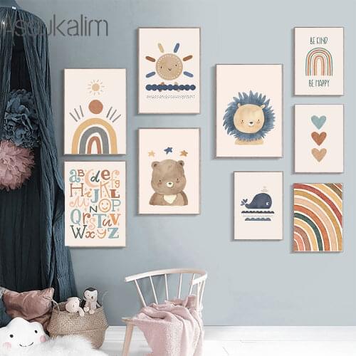 Bear Posters Lion Print Whale Wall Paintings ABC Poster Sun Rainbow Canvas Painting Boho Wall Pictures For Baby Room Decoration