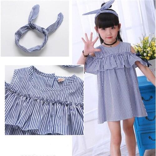 HOT Girls Dress Set Toddler Kids Baby Girls Clothes Striped Off-shoulder Short Sleeves Party Gown +Headband Formal Dresses