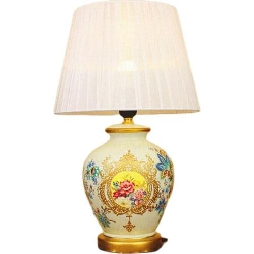 Novelty Vintage Hand Painted Chinese Ceramic Fabric Led E27 Table Lamp for Wedding Decor Living Room Bedroom Dia 28*H51cm 1621