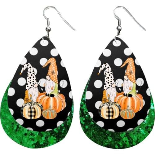 Happy Pumpkin Dots Printed Faux Leather Earrings Two Layer Sequins Black Dots Bulk Make Your Logo