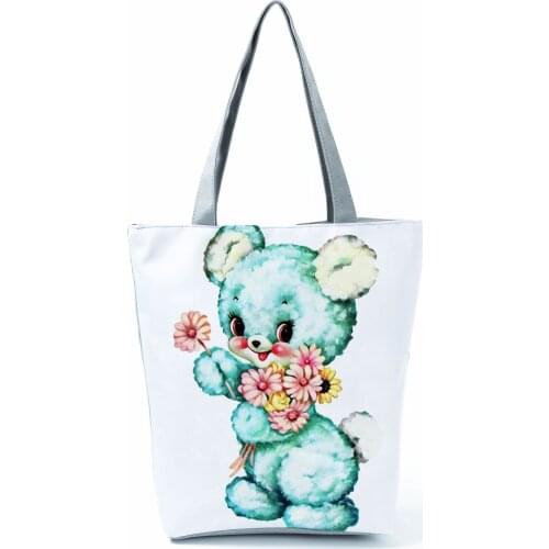 Bear Bouquet Printed Handbag Cute Fashion High Capacity Foldable Outdoor Beach Shoulder Bag Reusable Shopping Bag Custom Pattern