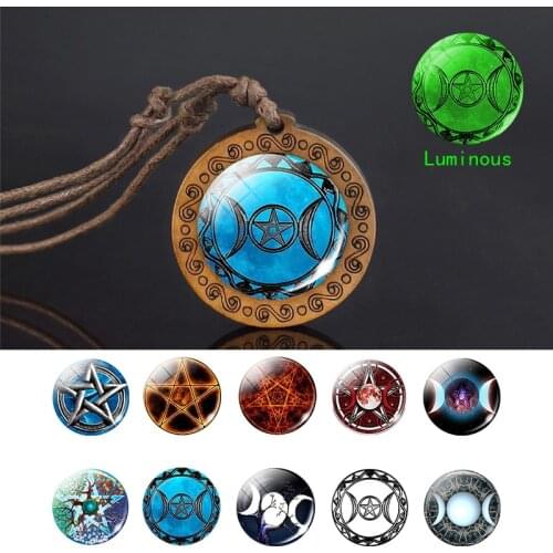 Luminous Triple Moon Necklace Wiccan Jewelry Pentacle Necklace Pentagram Glass Wooden Pendant Rope Chain Glow In Dark