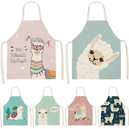 Alpaca Llama Cactus Printed Cotton Linen Sleeveless Aprons Kitchen Women Pinafore Home Cooking Baking Waist Bib Tablier Cuisine