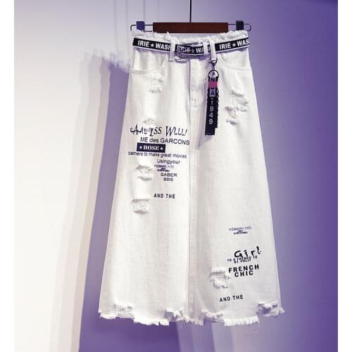 2021 New Women skirt White Denim Long skirts Letter print Korean style Fashion Hole Oversize Plus size female skirts