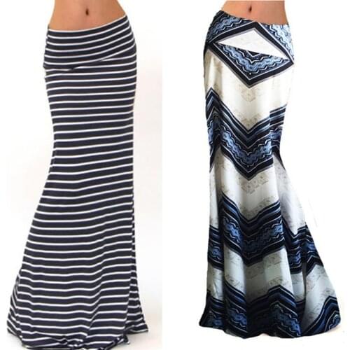 Fashion Women Summer New Long Skirt Striped Wave Charming Elastic High Waist Boho Printing Saia Falda Female Maxi Skirt