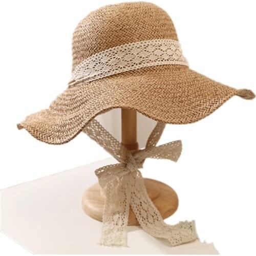 Ladies Bucket Hat Female Tide Woven Straw Hat Lace Foldable Sun Hat Sunscreen Beach Hat Summer