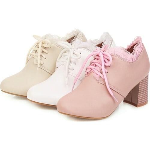 AGODOR Women Shoes High Heels Plus Size Lace up Pumps 2020 Elegant Block Heel Shoes Office Ladies Work Shoes Pink Size 42 43 44