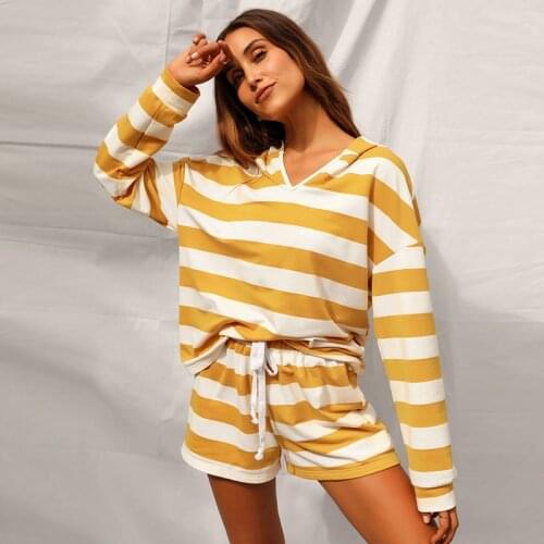 Womens Sweatshirt Stripe Casual Two Piece Sets Long Sleeve V Neck Pullover Tops Drawstring Shorts Suits Female Loose Outfits