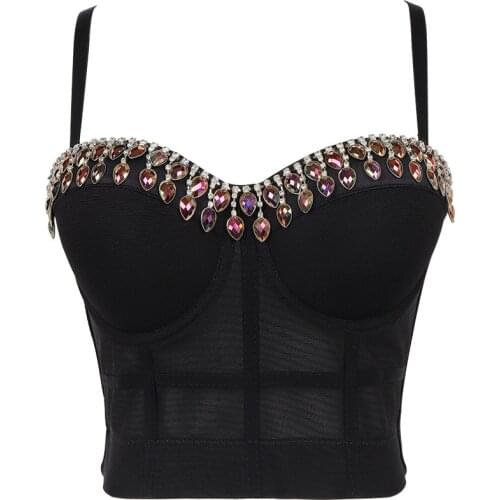 2021 New Female Mesh Short Camisole Top Diamond Crystal Solid Color Sleeveless Crop Top Bustier Bra Night Club Party Tank Tops