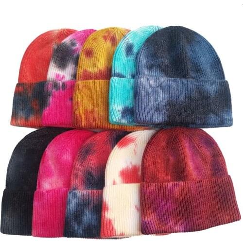 1PC Knitted Tie Dye Beanies Hats Plain Cuff Knit Ski Cap Casual Skull Warm Solid Color Winter Headwear Bonnets Girls' Gift Hot