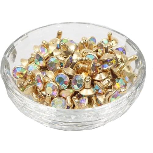 100Sets 8mm AB Color Crystal Rhinestone Rivets Golden Metal Base Studs For Clothing Bag Leathercraft Rivet Jewelry Findings