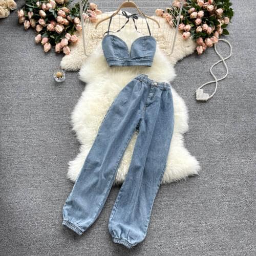 2 Two Piece Set Women Tracksuit Sets Sexy Summer Bow Tie Denim Bra Crop Tops +High Waist Cargo Jeans Pants Suits Outfits New