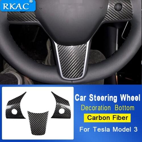 RKAC 3PCS/Interior Carbon Fiber Steering Wheel Badge Decal Cover Decoration Sticker For Tesla Model 3 2017~2018