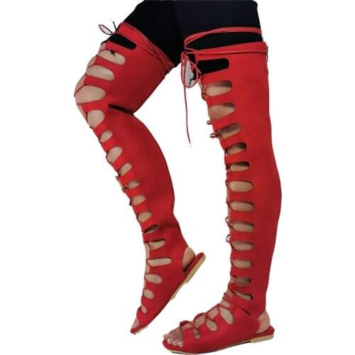 Flat Rome Sandal Boots Lace Up Over The Knee Hollow Dress Thigh High Boots Round Toe Strappy Women Hollow Boots