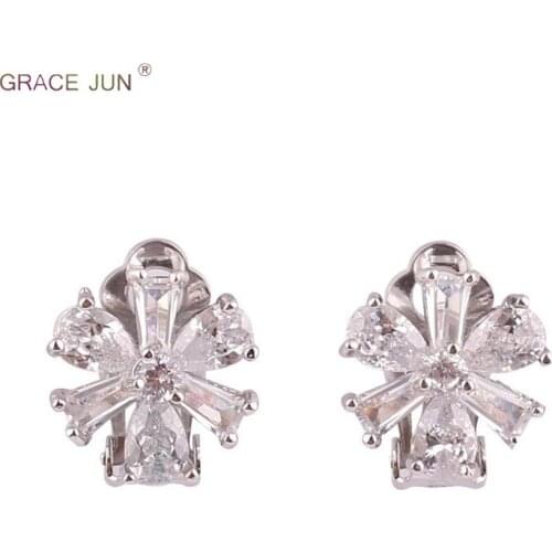 GRACE JUN High-grade Full AAA CZ Flower Shape Clip on Earrings Without Piecing for Women Charm Bridal Wedding Cushion Earrings