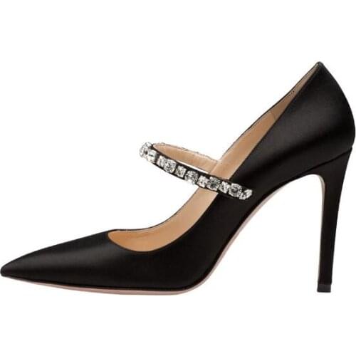 Carpaton 2018 Mature New womens black satin cloth pointed rhinestone buckle super high heel shoes sexy thin heel dinner shoes