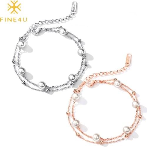 FINE4U B502 Rose Gold Color Double Layered Pearl Bracelet Adjustable Link Chain Bracelet Simulated White Pearls Jewelry