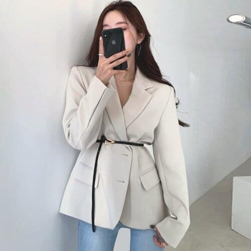 French elegant lapel single-breasted design slim waist long-sleeved suit short jacket with belt women